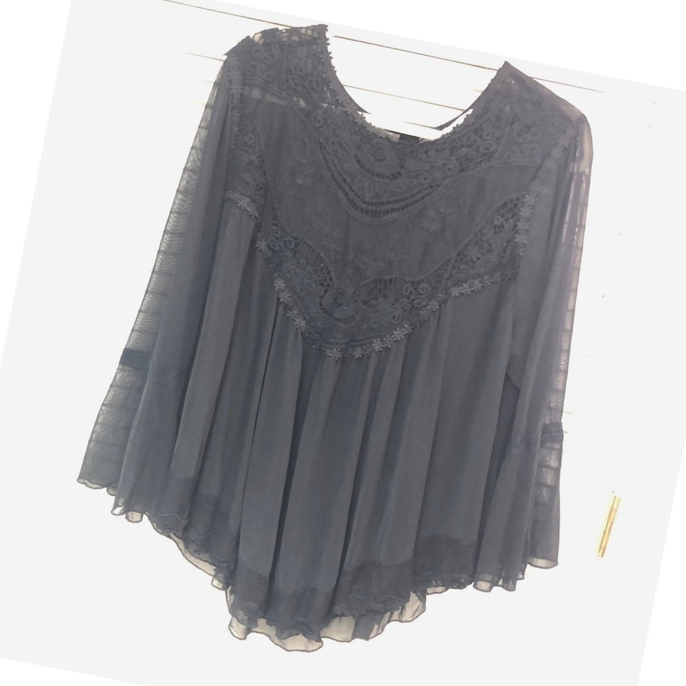 Indigo Thread Black Lace Blouse Coquette Romantic Embroider Bell Slvs Womens 3X